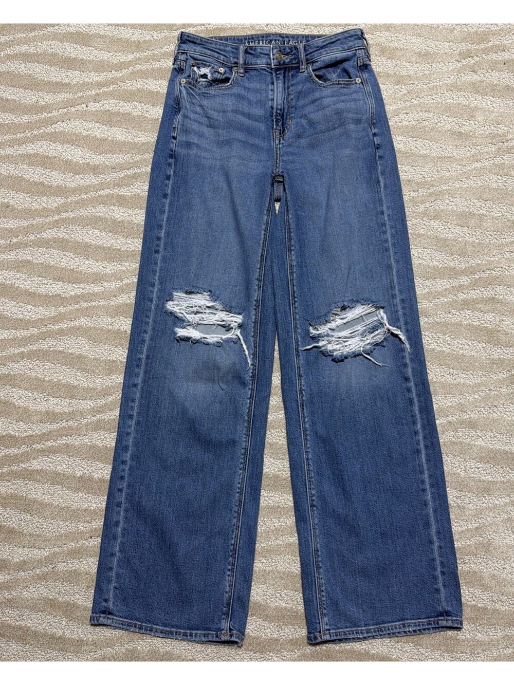 American Eagle Super High Rise Baggy Wide Leg Distressed Jeans Size 2 / 27x31